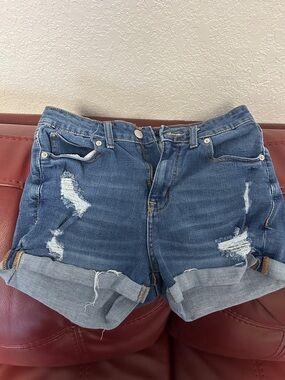 Aeropostale Distressed Stretch Rolled Cuff Blue Denim Shorts
